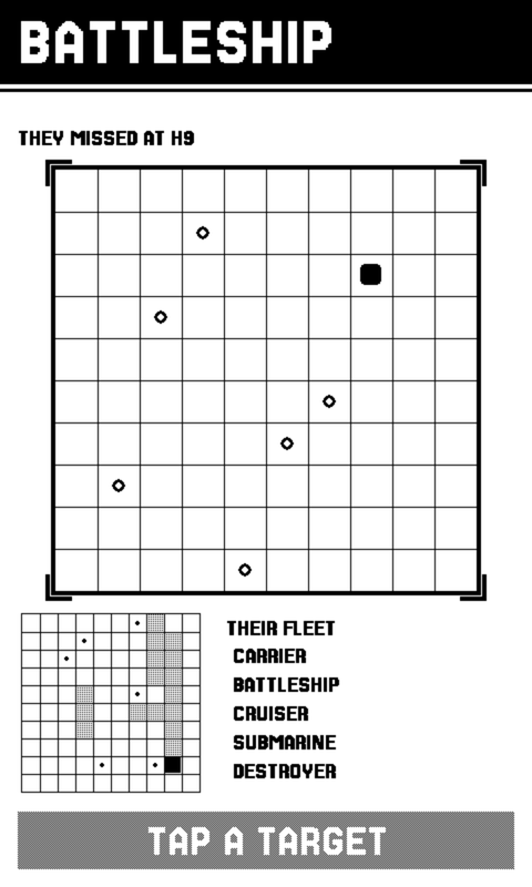 A Battleship game in progress: a line reading THEY MISSED AT H9, the opponent's grid marked with five misses and one solid hit, your own fleet on a small map below showing where they have fired, and a TAP A TARGET prompt.