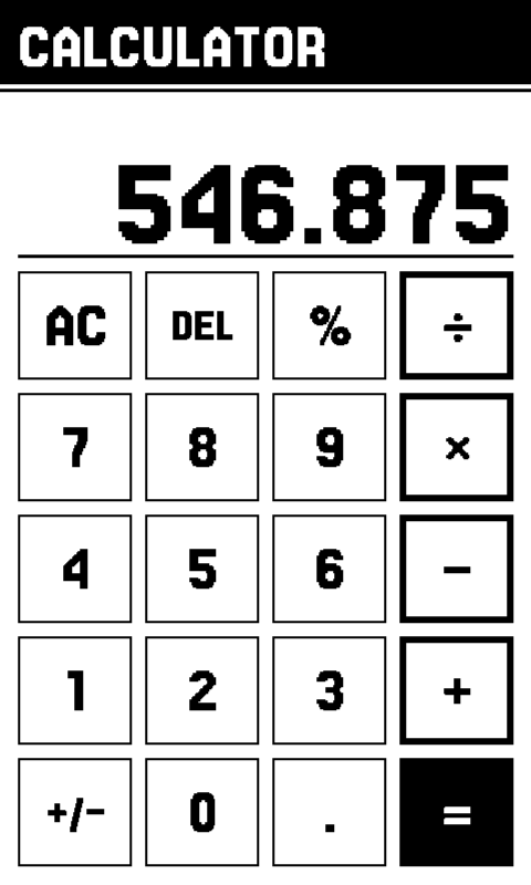 The Calculator on the device: an inked banner reading CALCULATOR, the result 546.875 set large above a rule, then twenty square keys four across -- AC, DEL, per cent and divide along the top, the digits below them, and the operator column down the right in a heavier outline with a filled equals key in the corner.