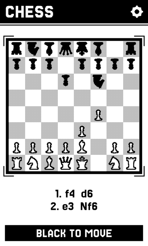 A chess board a few moves in, knight and pawns developed, with the move list below and a BLACK TO MOVE status bar.