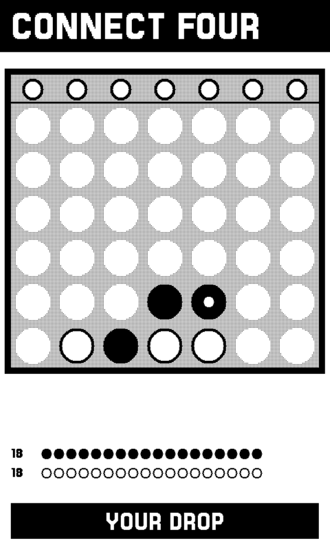 A Connect Four board part-way through a game: a dithered slab with forty-two holes, outlined and solid discs stacked in the columns, a row of waiting discs above marking every column that will still take one, and each player's remaining discs counted below -- 18 beside a row of solid dots, 18 beside outlined ones -- above a status bar reading YOUR DROP.