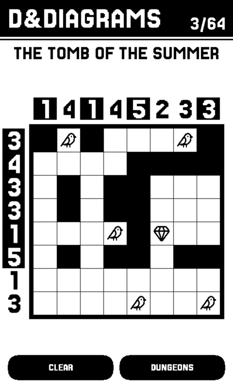 A D&Diagrams nonogram called THE TOMB OF THE SUMMER, most of the way solved: black wall cells form corridors around white floor, birds and a treasure gem sit in rooms, and the row and column clue numbers that are already satisfied are shown inverted.