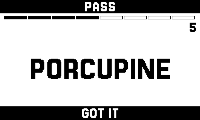 A round of FOREHEAD in landscape: the word PORCUPINE across the middle of the panel in very large letters, a black bar along the top edge reading PASS and another along the bottom reading GOT IT, and under the top bar an eight-segment timer bar with four segments filled and four still outlined. A small 5 in the corner is the score so far.