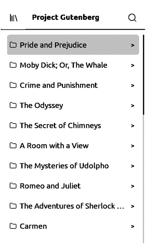 The Get Books catalog browser showing Project Gutenberg's Popular list on the device: Pride and Prejudice selected at the top on a dithered band, then Moby Dick; Or, The Whale, Crime and Punishment, The Odyssey, The Secret of Chimneys, A Room with a View, The Mysteries of Udolpho, Romeo and Juliet, The Adventures of Sherlock Holmes and Carmen, each with a folder mark and a chevron, and a scrollbar down the right edge.