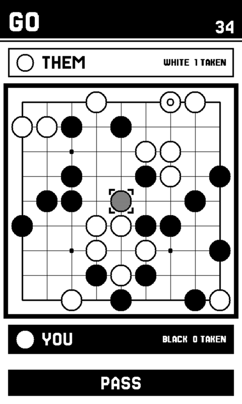 A nine-by-nine game of Go part way through: a ruled board inside a heavy border, black and white stones on the line crossings, a small ring marking the stone just played. One crossing near the middle holds a dithered grey stone inside four corner brackets, aimed but not yet placed. Above the board an outlined band reads THEM and WHITE 1 TAKEN; below it a black band reads YOU and BLACK 0 TAKEN, filled because it is that side&rsquo;s turn. A PASS button runs along the bottom.