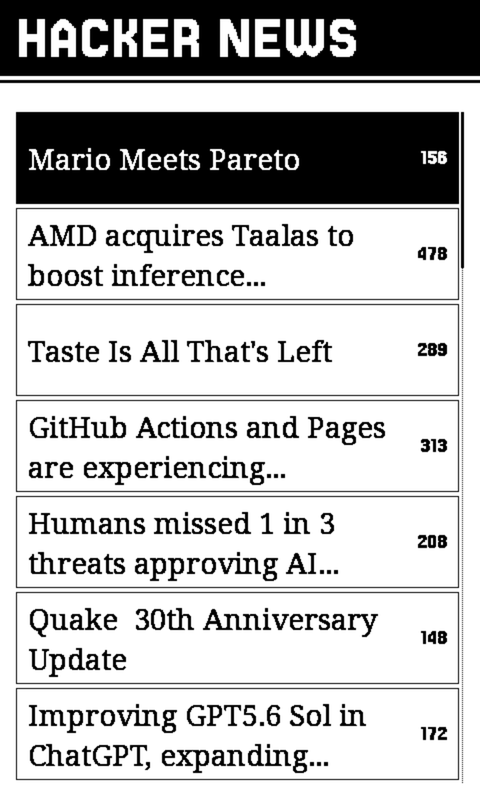 The Hacker News front page on the device: story titles set in a reading serif with point scores beside them, the first row inverted as the selection.