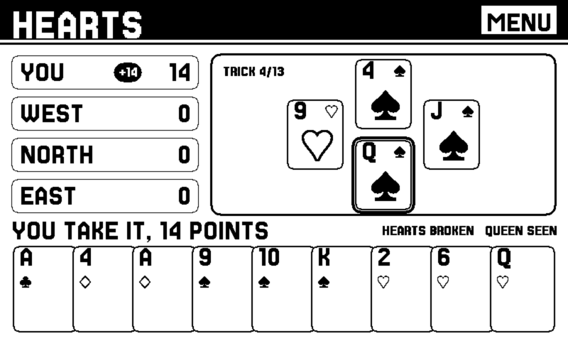 A Hearts trick in landscape: a rail of four seats down the left with YOU on 14 and a +14 badge, the queen of spades framed as the winning card in a diamond of four played cards, the line YOU TAKE IT, 14 POINTS, the state HEARTS BROKEN and QUEEN SEEN, and nine cards fanned along the bottom.