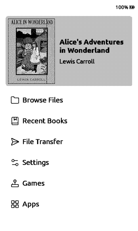 The device Home screen, which is where the firmware starts: the cover of Alice's Adventures in Wonderland at the top, then menu rows reading Browse Files, Recent Books, File Transfer, Settings, Games and Apps.