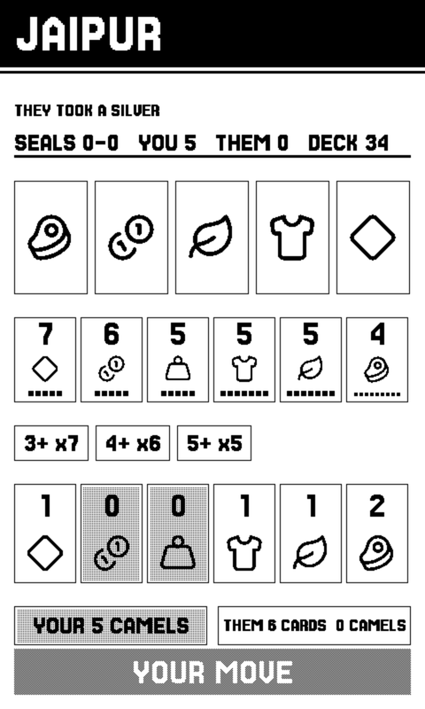 A Jaipur hand in progress: a line reading THEY TOOK A SILVER above the score SEALS 0-0, YOU 5, THEM 0, DECK 34. The market shows five goods, the token rows their values, and the player holds a diamond and five camels against their opponent's six cards.