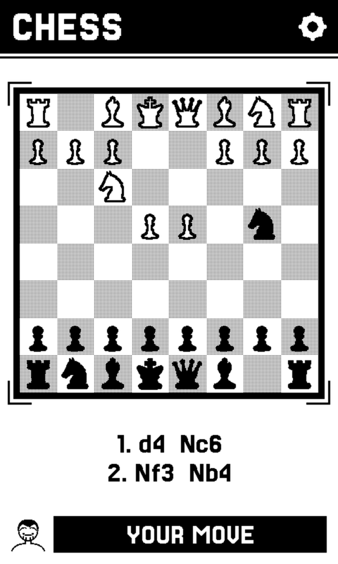 A chess game in progress on the first device: knights developed, a move list reading 1. d4 Nc6, 2. Nf3 Nb4, a drawn face in the corner and a status bar reading YOUR MOVE.