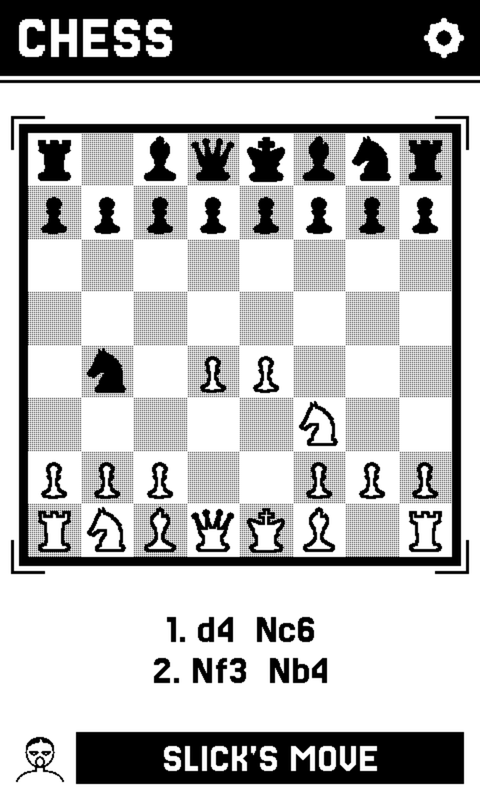 The same game on the second device, seen from the other side of the board with the pieces mirrored, the same move list, a different drawn face and a status bar reading SLICK'S MOVE.