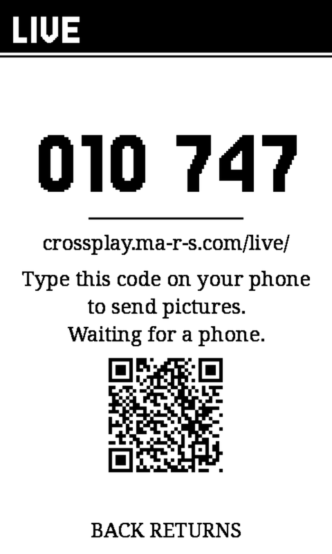 The Live screen on the device: a black LIVE banner, the code 010 747 in large digits, a rule, the address crossplay.ma-r-s.com/live/, the lines Type this code on your phone to send pictures and Waiting for a phone, a QR code beneath, and BACK RETURNS at the foot.