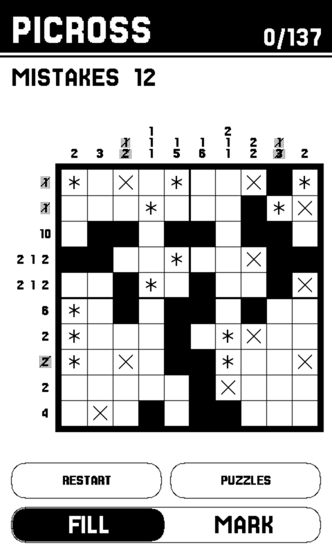 A Picross board part way through a ten-by-ten: run-length clues stacked above the columns and beside the rows, the finished lines' numbers struck through. Filled cells are solid black, a few white cells wear a thin X where the player has ruled them out, and a few others carry a small asterisk on plain white, each one a wrong fill the game has recorded. Below the board a line reads MISTAKES 12 and a FILL / MARK toggle says what a tap will do.