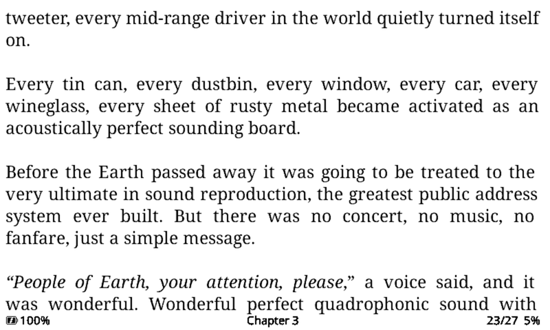 The EPUB reader showing justified body text from a novel, with a chapter marker and a percentage read in the footer.