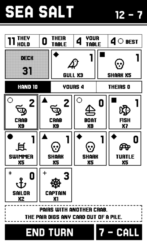 A Sea Salt & Paper hand of ten cards, each showing its colour mark, what its group currently scores, its face, its name and how many exist in the deck. The deck and two discard piles sit above, a selected crab is ringed, and a dashed line reads PAIRS WITH ANOTHER CRAB, THE PAIR DIGS ANY CARD OUT OF A PILE.