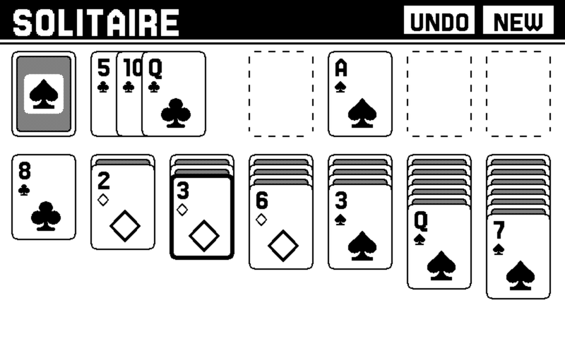 A Klondike game in progress in landscape: the ace of spades has gone up to a foundation, the waste pile shows the five and ten of clubs and the queen of clubs, seven tableau columns hold face-down and face-up cards, and one column is outlined as selected.