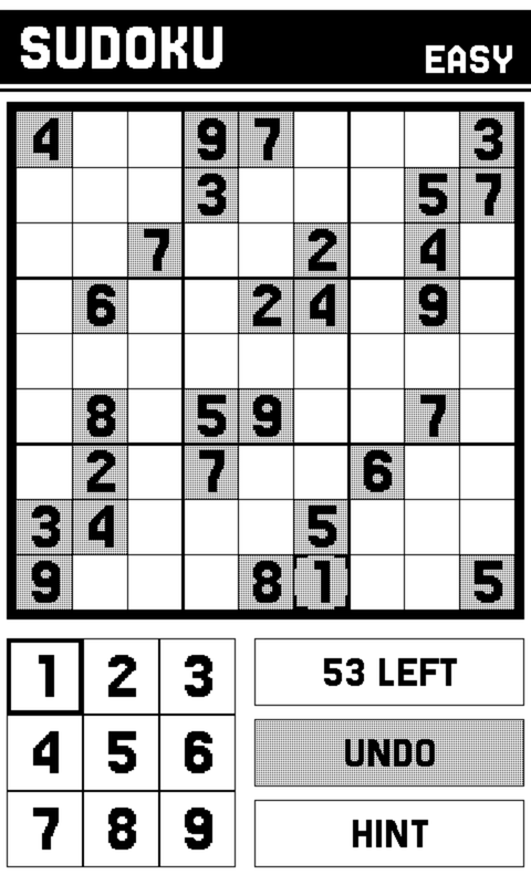 An Easy Sudoku just dealt: a nine-by-nine grid whose twenty-eight given digits sit on dithered grey squares and whose empty cells are white, box borders drawn heavier than cell borders, and the cursor's corner brackets on one given. Below the grid a three-by-three number pad with 1 selected, and beside it 53 LEFT, an UNDO button and a HINT button.