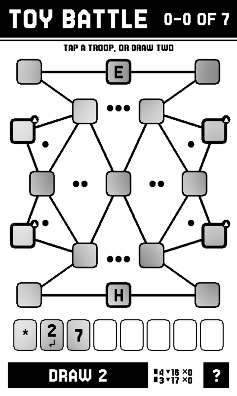 A Toy Battle board at the start of a game: fifteen bases drawn as grey rounded squares joined by black paths, an H.Q. marked H at the bottom and E at the top, four bases wearing a small badge to mark a special rule. Small black dots between the paths are the medals each enclosed region pays. Below the board a rack holds the three troops you were dealt, and a DRAW 2 button sits beside both players' counts.