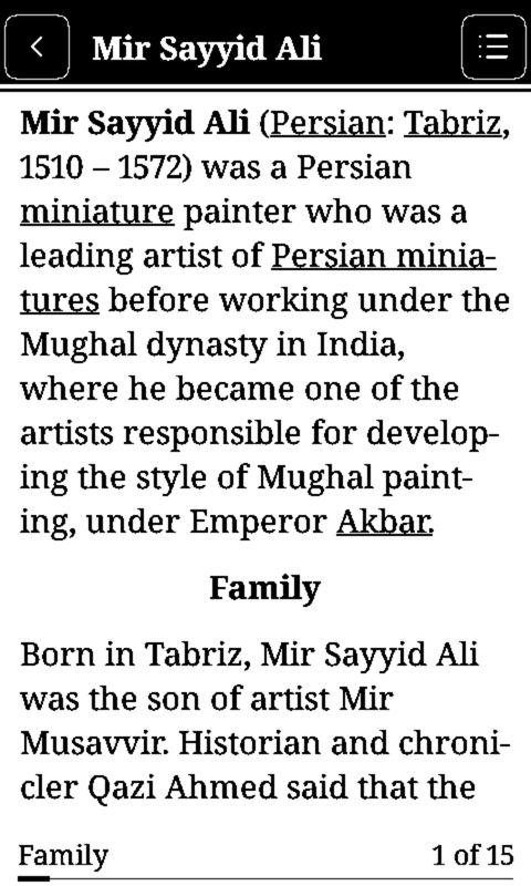 A Wikipedia article on the device: a black bar with a back arrow, the title Mir Sayyid Ali and a contents button, then the article set in a reading serif with links underlined, a Family heading partway down, and a footer reading Family, 1 of 15, above a progress bar.