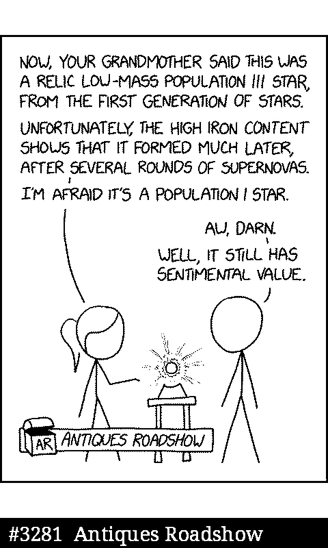 An xkcd comic rendered on the device in one-bit black and white, captioned #3281 Antiques Roadshow.